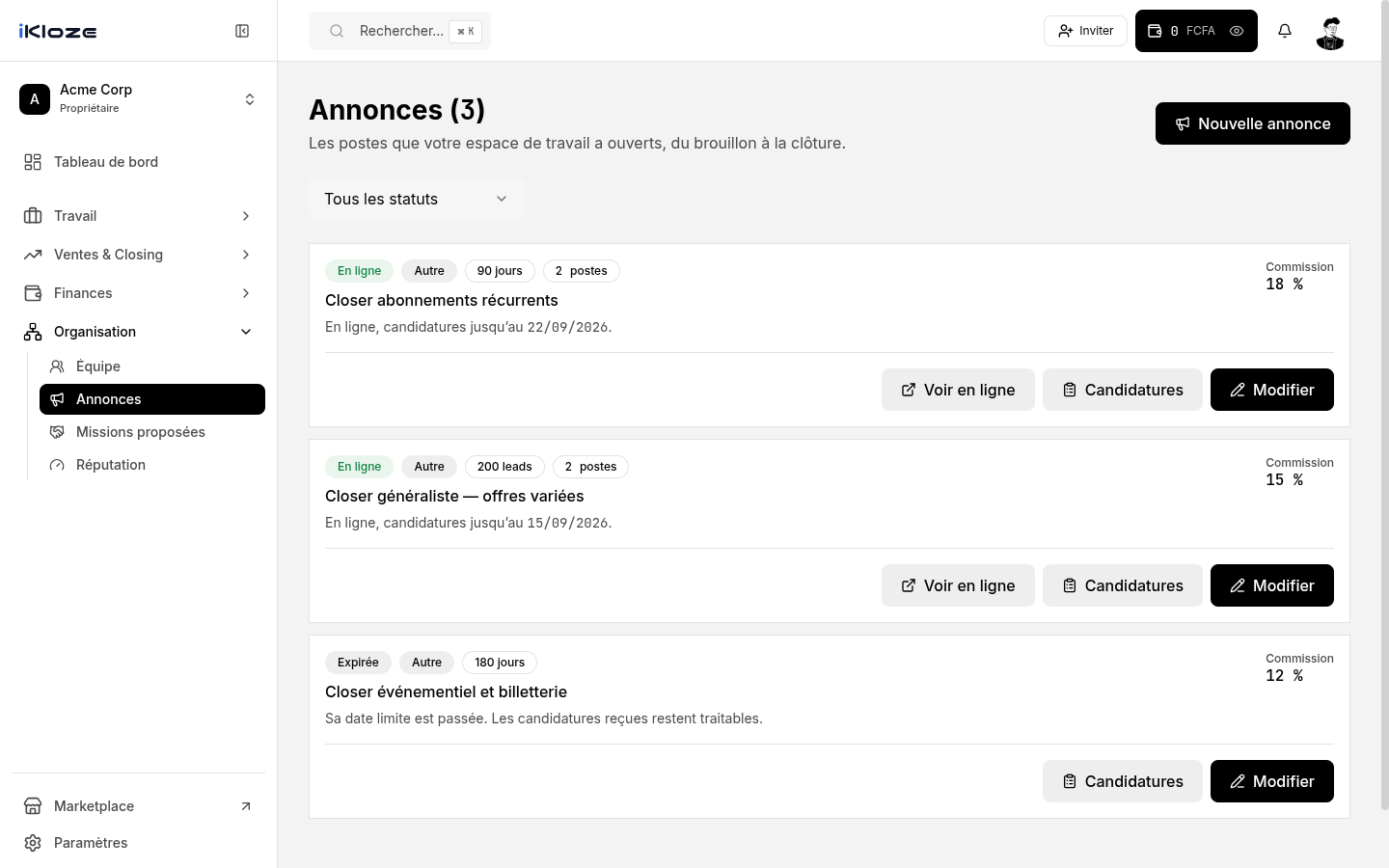 Liste des annonces de l'espace de travail