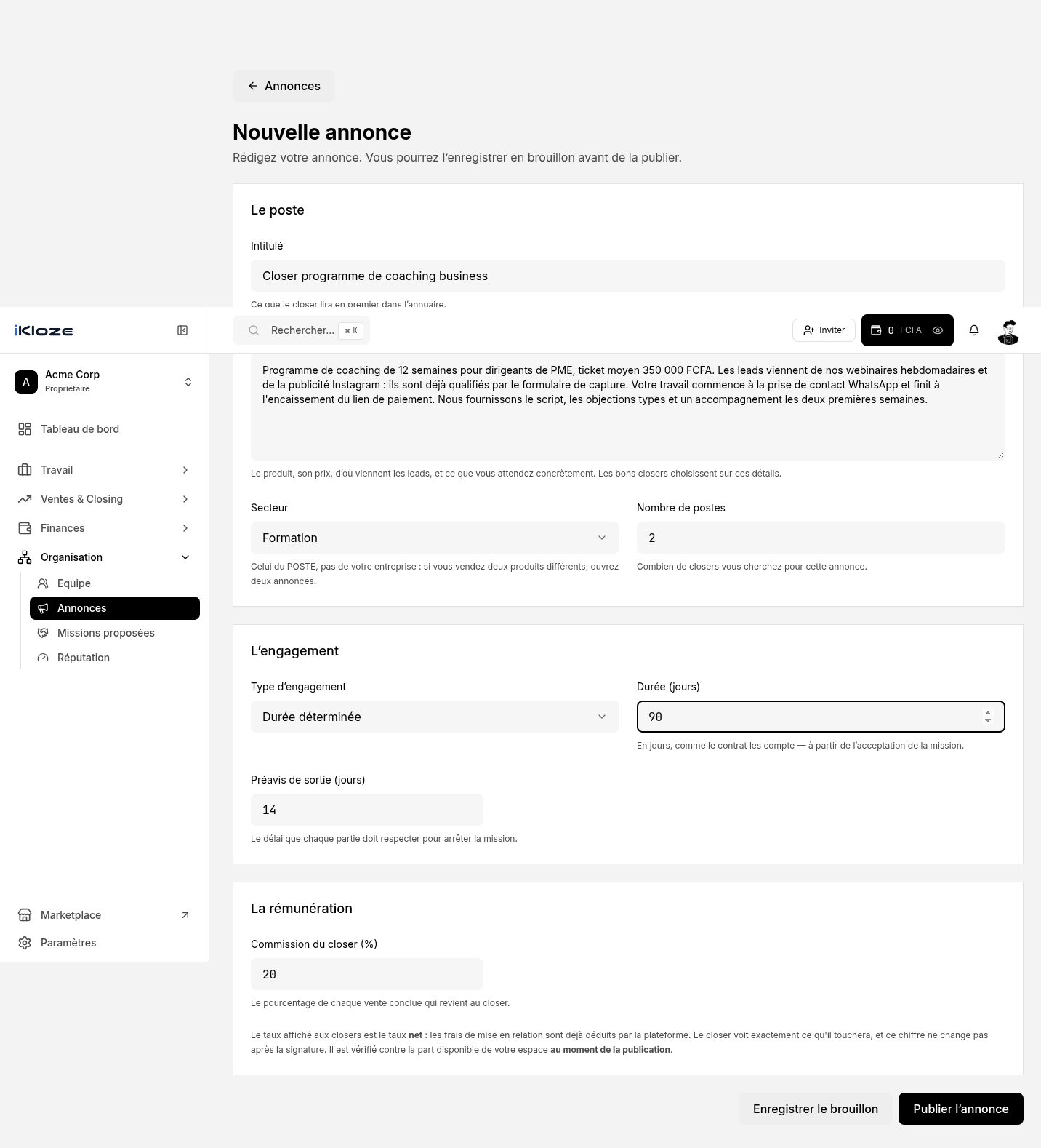 Formulaire de création d'annonce
