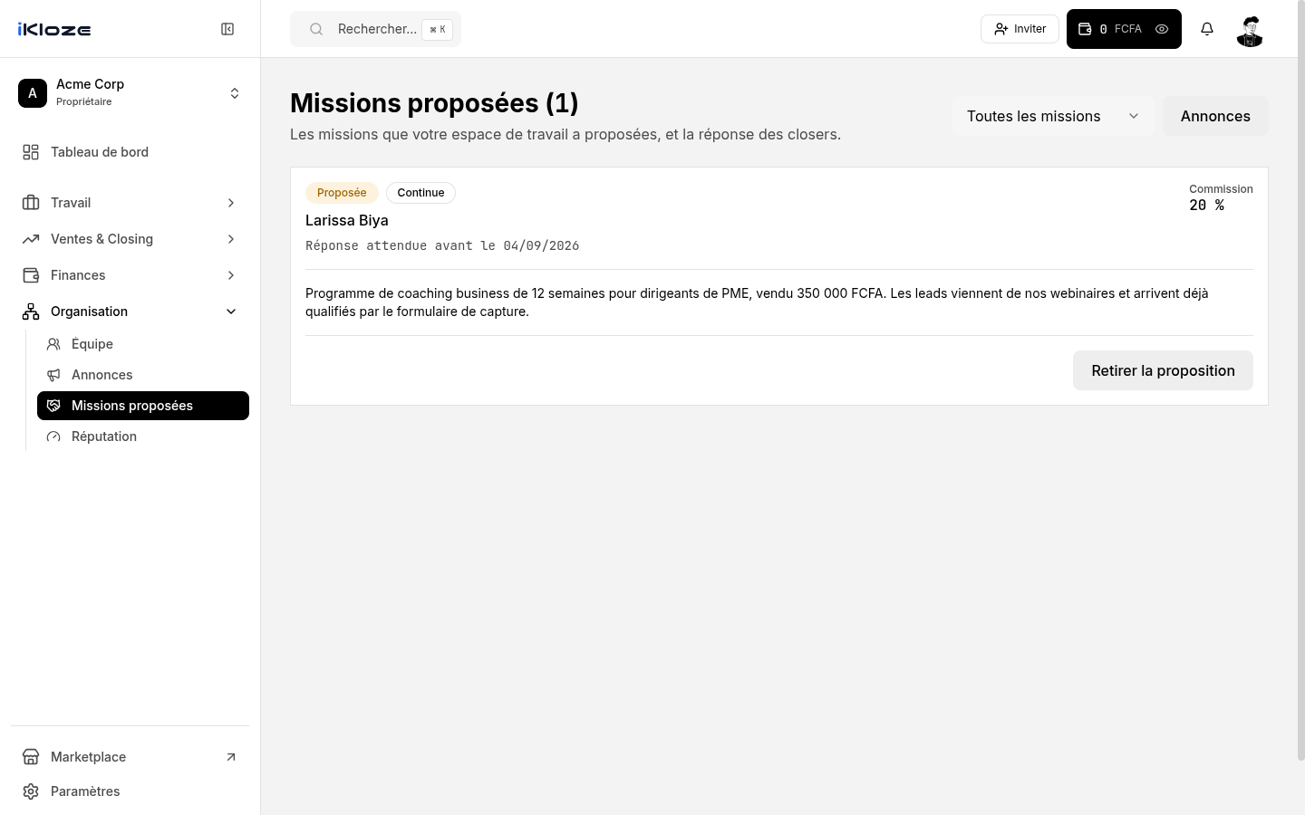 Missions proposées par l'espace de travail