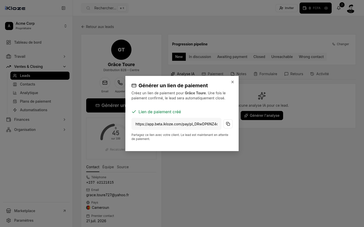 Génération d'un lien de paiement