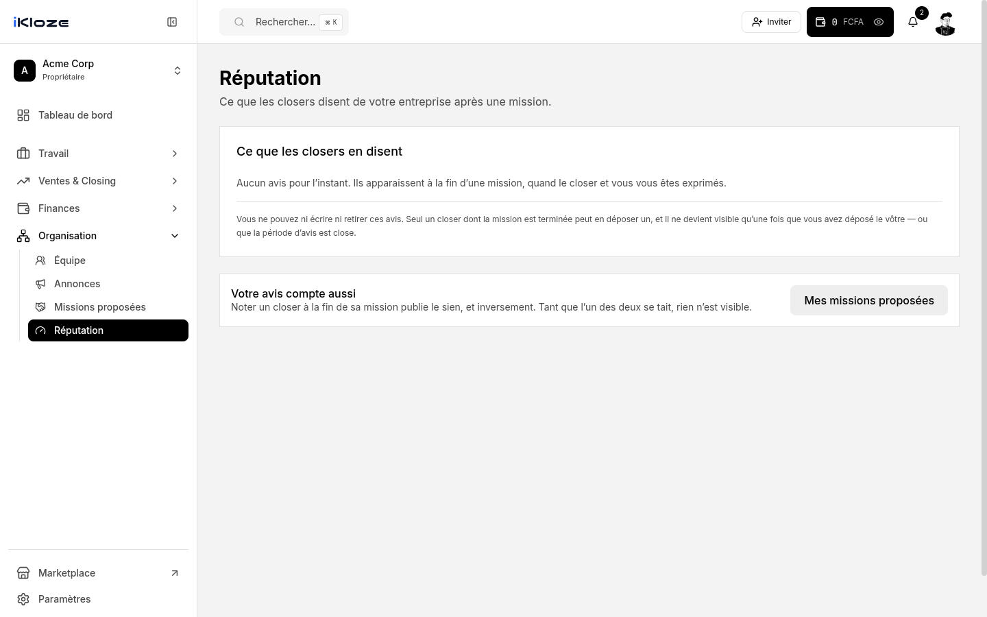 Page réputation de l'espace de travail